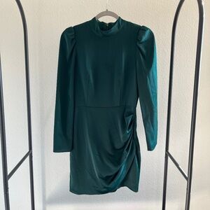 GIANNI BINI | Emerald Satin Ruched Puff Shoulder Mini Cocktail Dress | Size 2